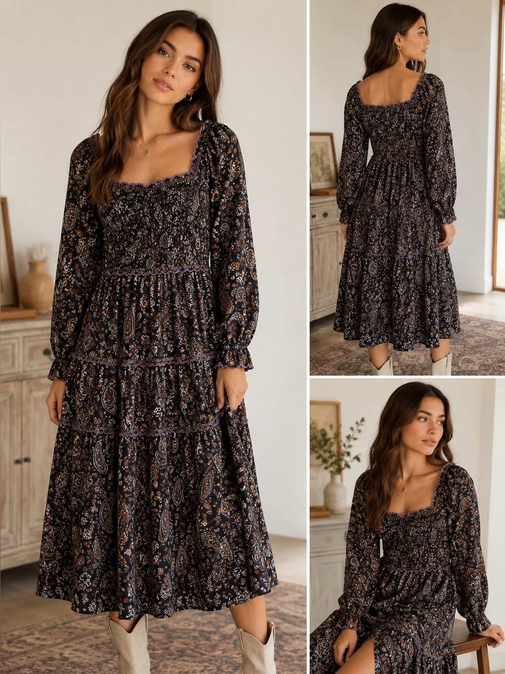 NWT Listicle Paisley Smocked Midi Dress Long Sleeve